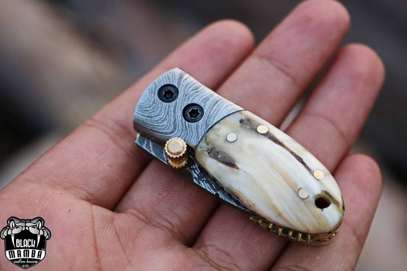 BMK-415 Tsetse Fly 3.5″ Long 1.5″Blade” 2oz Damascus Neck Knives Handmade Damascus Pocket Folding Knife With Mammoth Tooth Handle Black Mamba Hand Made World Class Knives USA Made - Image 8