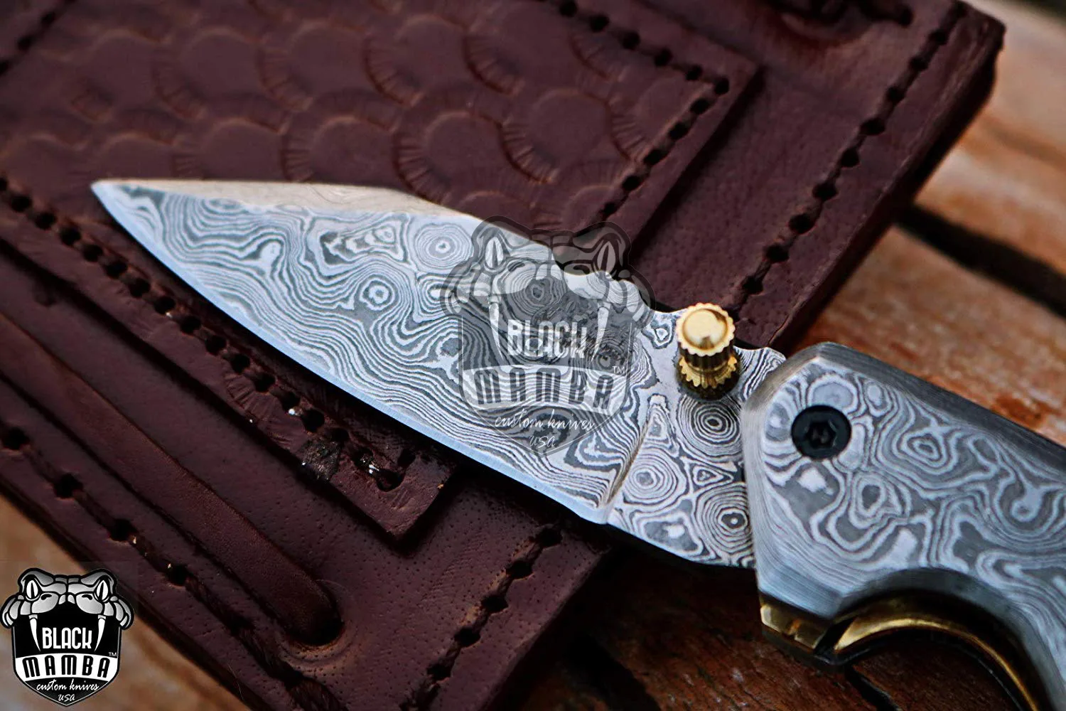 African Elephant - Damascus Folding Pocket Knife, 5.5″ Overall - view 3