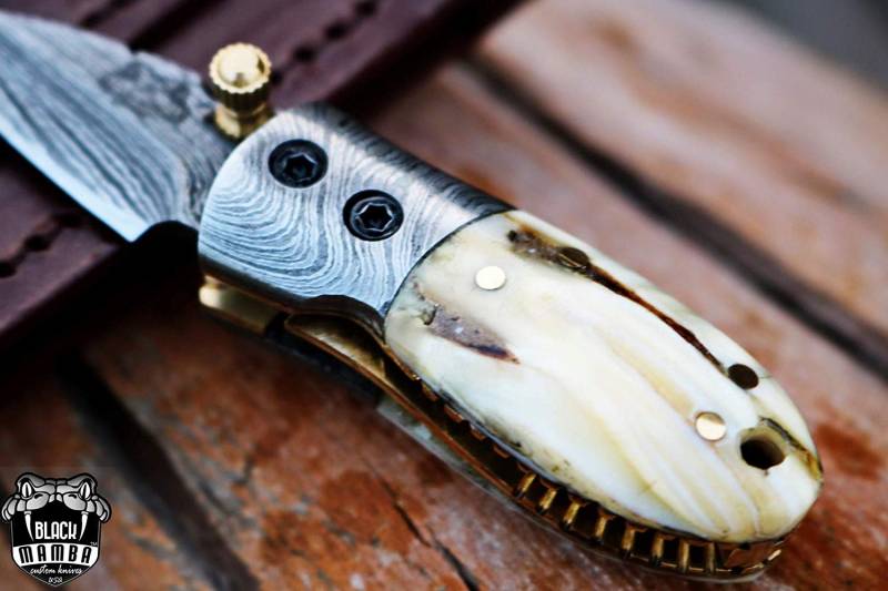 BMK-415 Tsetse Fly 3.5″ Long 1.5″Blade” 2oz Damascus Neck Knives Handmade Damascus Pocket Folding Knife With Mammoth Tooth Handle Black Mamba Hand Made World Class Knives USA Made - Image 10