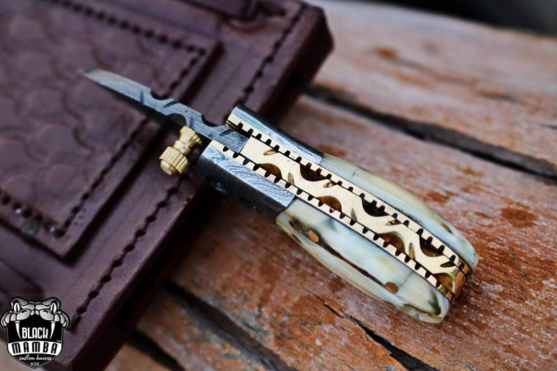 BMK-415 Tsetse Fly 3.5″ Long 1.5″Blade” 2oz Damascus Neck Knives Handmade Damascus Pocket Folding Knife With Mammoth Tooth Handle Black Mamba Hand Made World Class Knives USA Made - Image 9