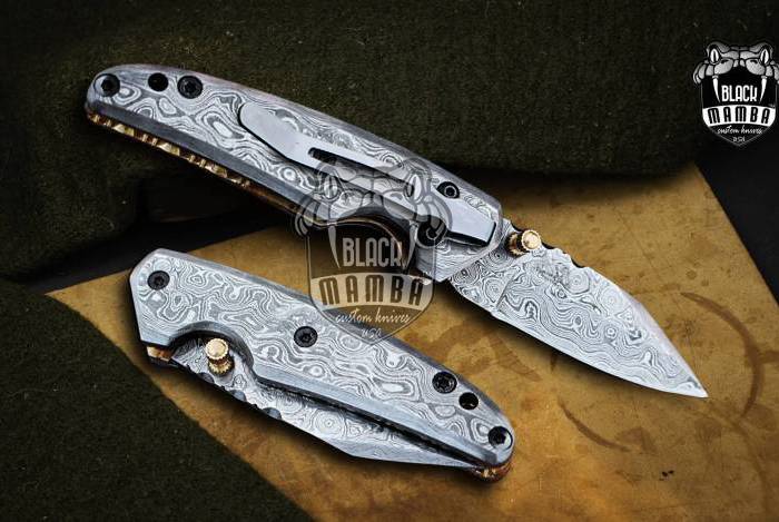 BMK-413 African Elephant 5.5 Long 2.5 Blade 4oz Full Damascus Pocket folding knife black mamba knives