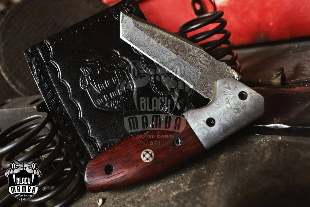 BMK-414 Indian red scorpion 7″ Long 3 ″Blade” 6oz Damascus TANTO Pocket Knives Handmade Damascus Pocket Folding Snake wood Knife Black Mamba Hand Made World Class Knives USA Made - Image 2