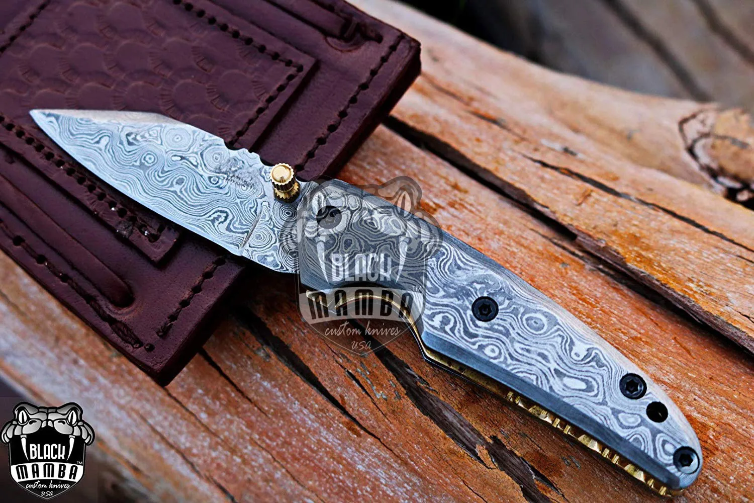African Elephant - Damascus Folding Pocket Knife, 5.5″ Overall - view 2