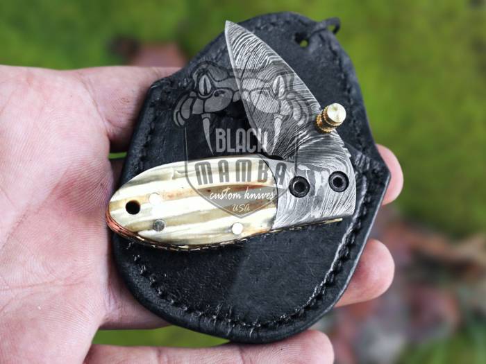 BMK-415 Tsetse Fly 3.5″ Long 1.5″Blade” 2oz Damascus Neck Knives Handmade Damascus Pocket Folding Knife With Mammoth Tooth Handle Black Mamba Hand Made World Class Knives USA Made