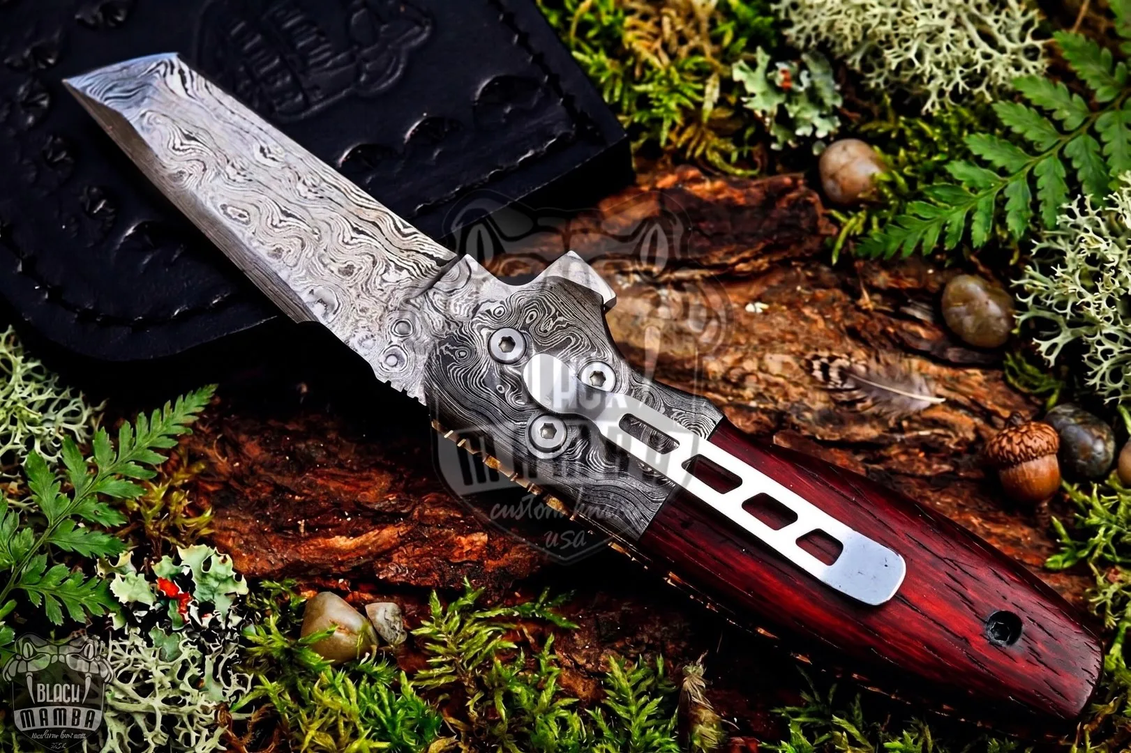 Indian Red Scorpion - Damascus Folding Pocket Knife, 7″ Overall, Wood Handle - view 2