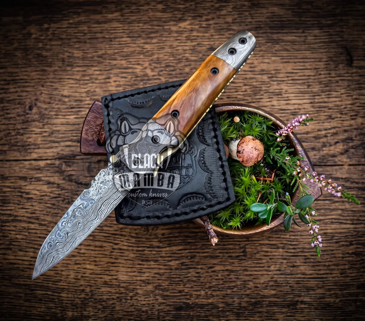 Signature - Damascus Folding Pocket Knife, 7.2″ Overall - view 2