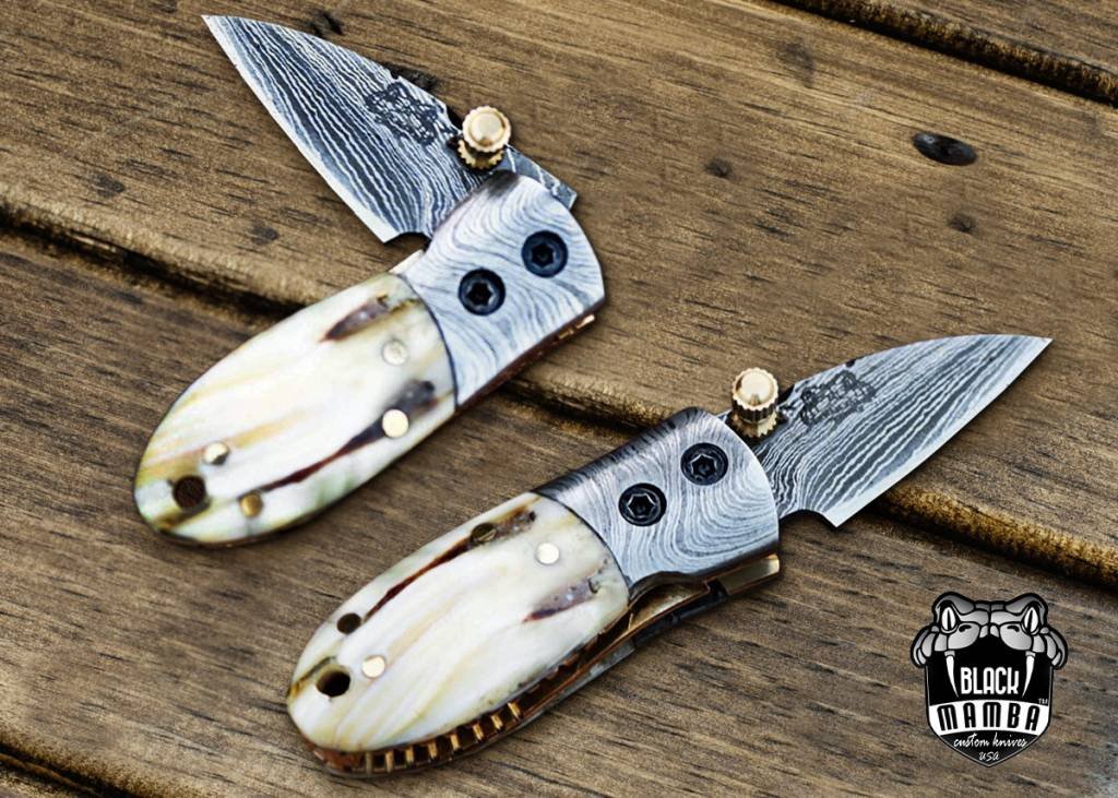 BMK-415 Tsetse Fly 3.5″ Long 1.5″Blade” 2oz Damascus Neck Knives Handmade Damascus Pocket Folding Knife With Mammoth Tooth Handle Black Mamba Hand Made World Class Knives USA Made - Image 7