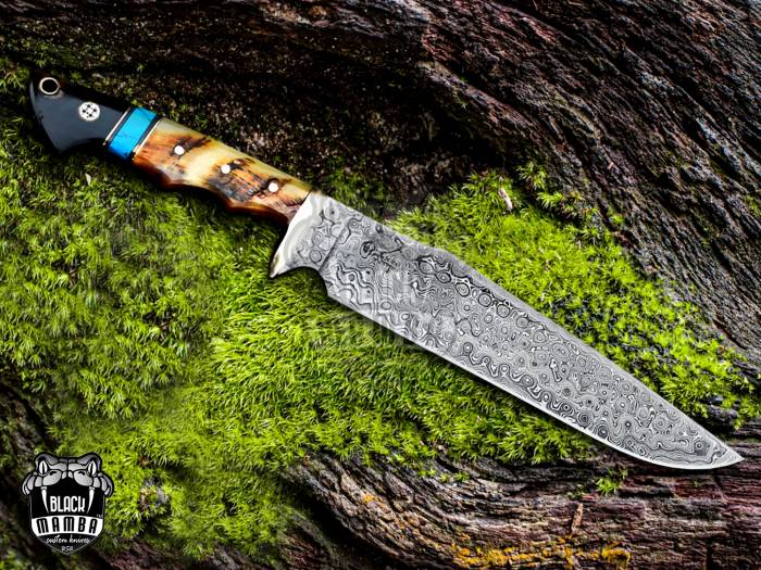 Bmk-160 Frilled Shark Damascus Steel Knife 12 Inches Long 7 Inches Blade 8.1 Ounce Damascus Fixed Blade Hunting Thin Bowie Knife Hand Made World Class Knives USA Made