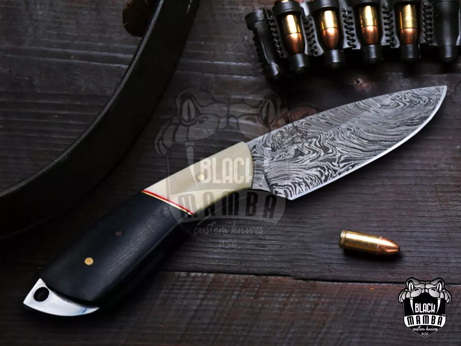 California King Snake 8 Inches Long 3.5 Inches Blade 5.6 Ounce Damascus Skinner Hunting Fixed Blade Knife Damascus Steel Hand Made Black Mamba Knives World Class Knives USA Made | BMK-165