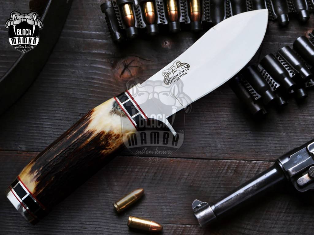 BMK-111-B-440c PERSIAN YUMA BLACK Knife 9" Long 4.5"Blade" 10.5oz Hunting Fixed Blade knife Damascus Steel Real turquoise Stag Handle Knife Black mamba Hand Made World Class knives USA Made