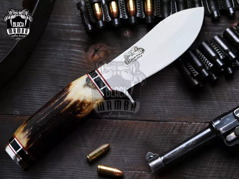 BMK-111-B-440c PERSIAN YUMA BLACK Knife 9" Long 4.5"Blade" 10.5oz Hunting Fixed Blade knife Damascus Steel Real turquoise Stag Handle Knife Black mamba Hand Made World Class knives USA Made