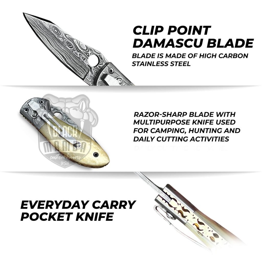BLACK MAMBA KNIVES BMK-421 Rufous beaked Snake 8 Long 4 Blade 7 Ounce Damascus Pocket Folding Knife with Bone Handle Hand Made Word Class Knives - Image 6