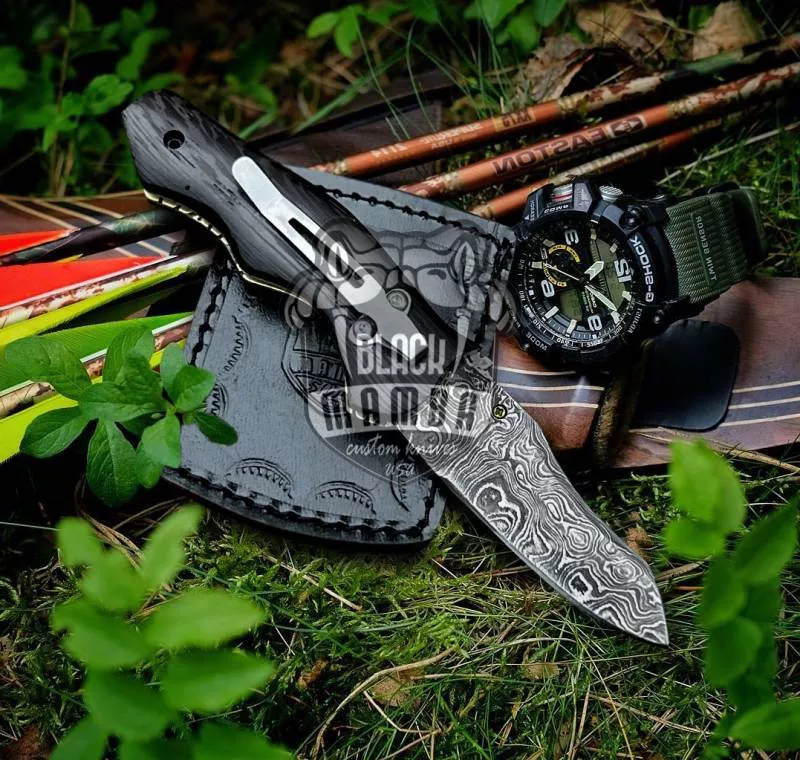 BLACK MAMBA KNIVES BMK-418 Eastern Racer Pocket Knife 7 in Long 3 in Blade 5 Ounce Damascus Pocket Knife Folding Knife with Wenge Wood Handle Hand Made World Class Knives USA Made