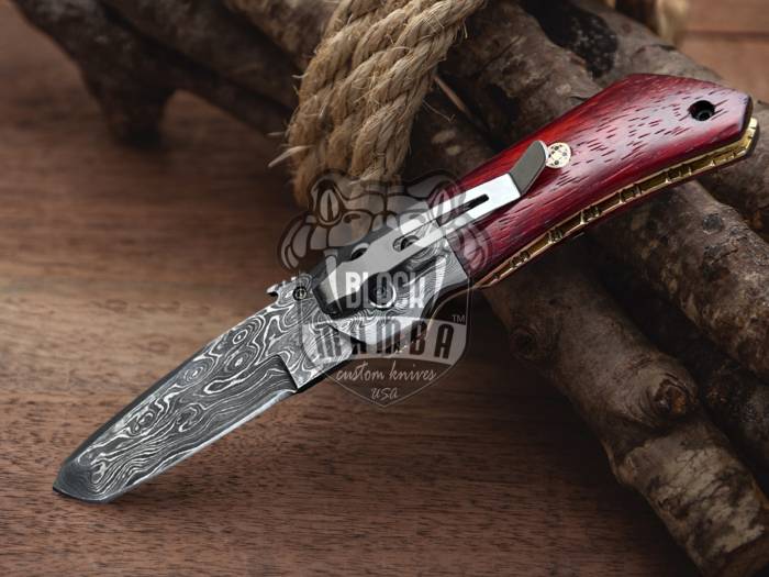 BLACK MAMBA KNIVES BMK-636 Garter Snake Pocket Knife 7 in Long 3 in Blade 8 Ounce Damascus Pocket Knife Folding Knife with Paddock Wood Handle Hand Made World Class Knives USA Made