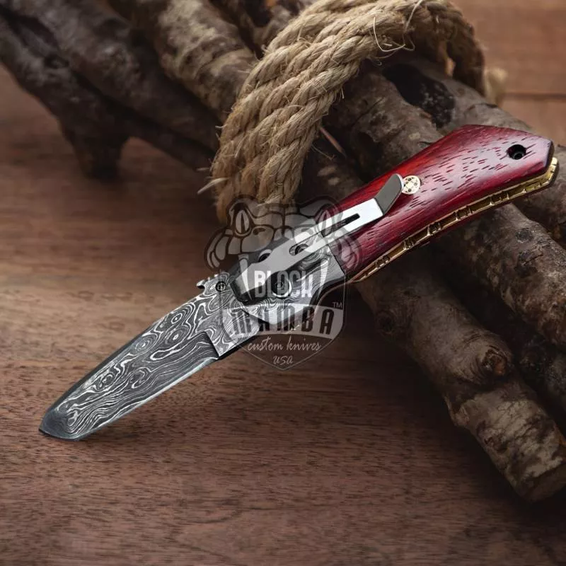 BLACK MAMBA KNIVES BMK-636 Garter Snake Pocket Knife 7 in Long 3 in Blade 8 Ounce Damascus Pocket Knife Folding Knife with Paddock Wood Handle Hand Made World Class Knives USA Made