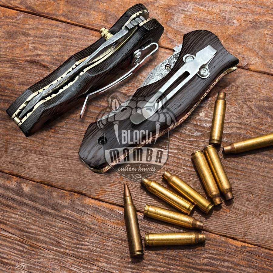 BLACK MAMBA KNIVES BMK-418 Eastern Racer Pocket Knife 7 in Long 3 in Blade 5 Ounce Damascus Pocket Knife Folding Knife with Wenge Wood Handle Hand Made World Class Knives USA Made - Image 3
