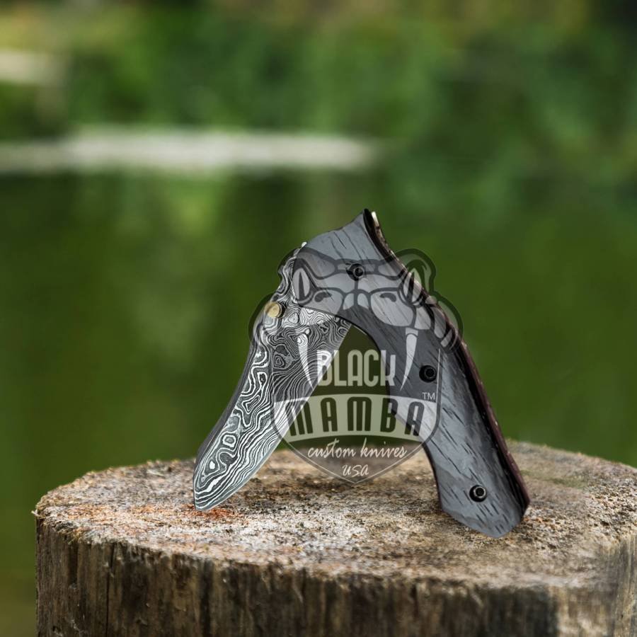 BLACK MAMBA KNIVES BMK-418 Eastern Racer Pocket Knife 7 in Long 3 in Blade 5 Ounce Damascus Pocket Knife Folding Knife with Wenge Wood Handle Hand Made World Class Knives USA Made - Image 2
