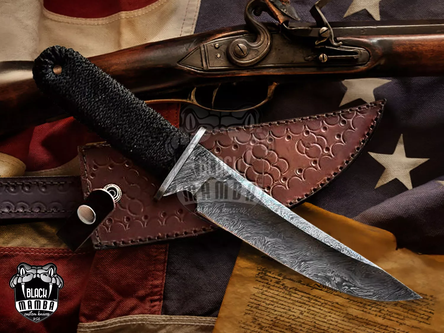 Black Rat Snake - Damascus Bowie Knife, 12″ Overall
