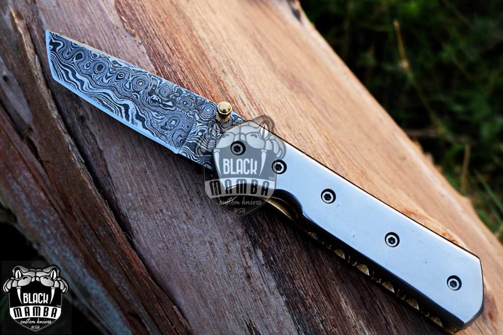 BMK-424 Bumble Bee Titanium Pocket Knife 7 in Long 3 in Blade 4.5 Ounce Damascus Pocket Knife Tanto Folding Knife with Titanium Handle Hand Made World Class Knives USA Made - Image 2