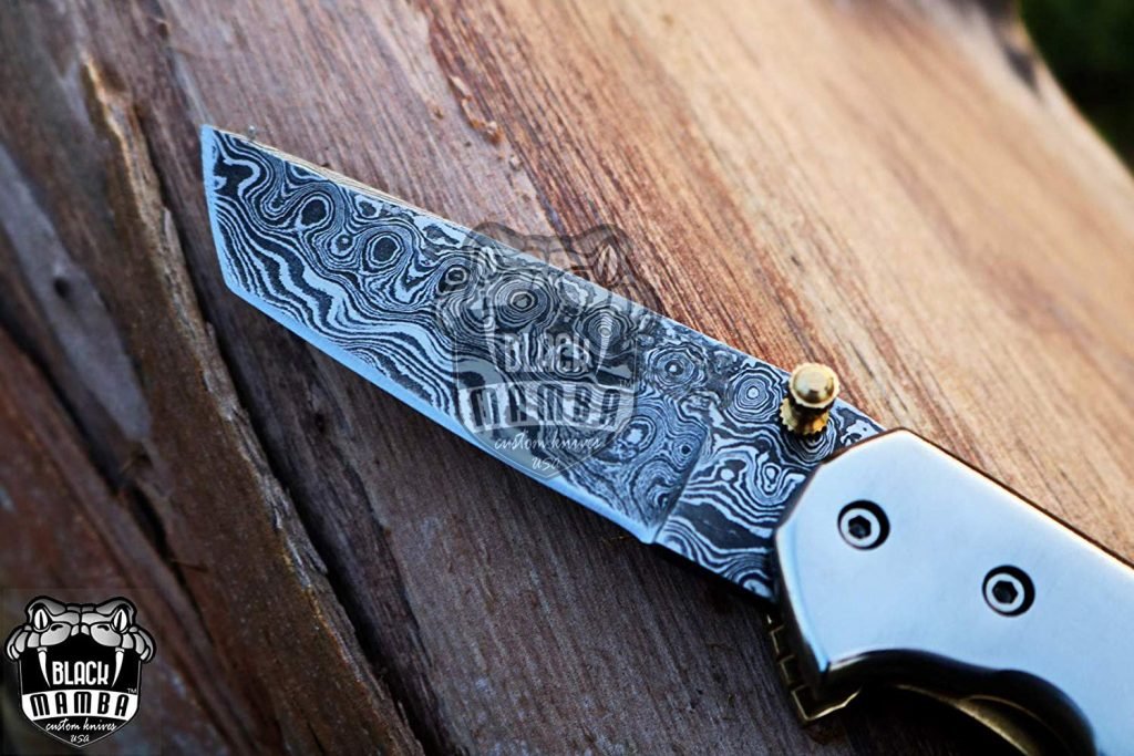 BMK-424 Bumble Bee Titanium Pocket Knife 7 in Long 3 in Blade 4.5 Ounce Damascus Pocket Knife Tanto Folding Knife with Titanium Handle Hand Made World Class Knives USA Made - Image 6