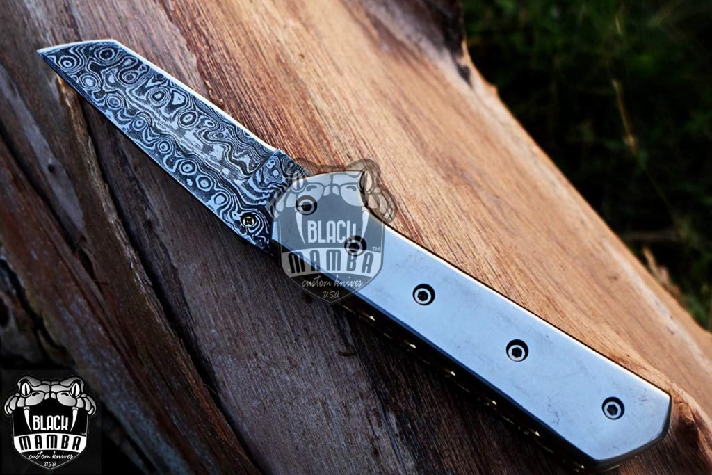 BMK-424 Bumble Bee Titanium Pocket Knife 7 in Long 3 in Blade 4.5 Ounce Damascus Pocket Knife Tanto Folding Knife with Titanium Handle Hand Made World Class Knives USA Made - Image 4
