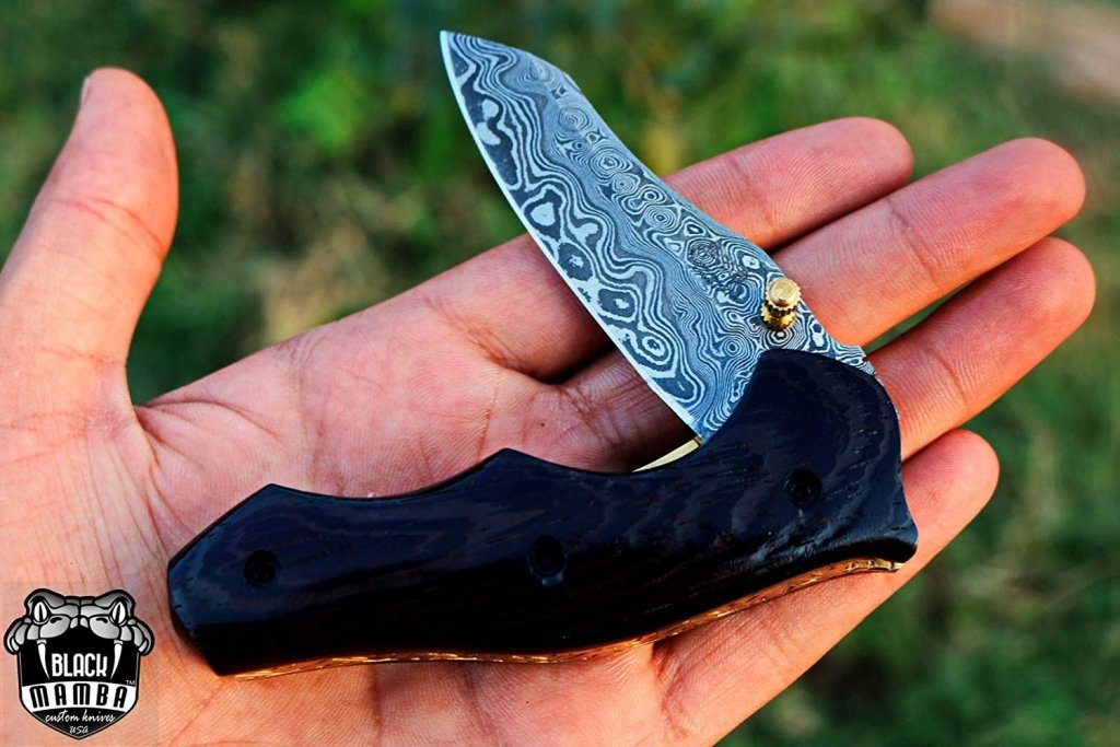 BLACK MAMBA KNIVES BMK-418 Eastern Racer Pocket Knife 7 in Long 3 in Blade 5 Ounce Damascus Pocket Knife Folding Knife with Wenge Wood Handle Hand Made World Class Knives USA Made - Image 8