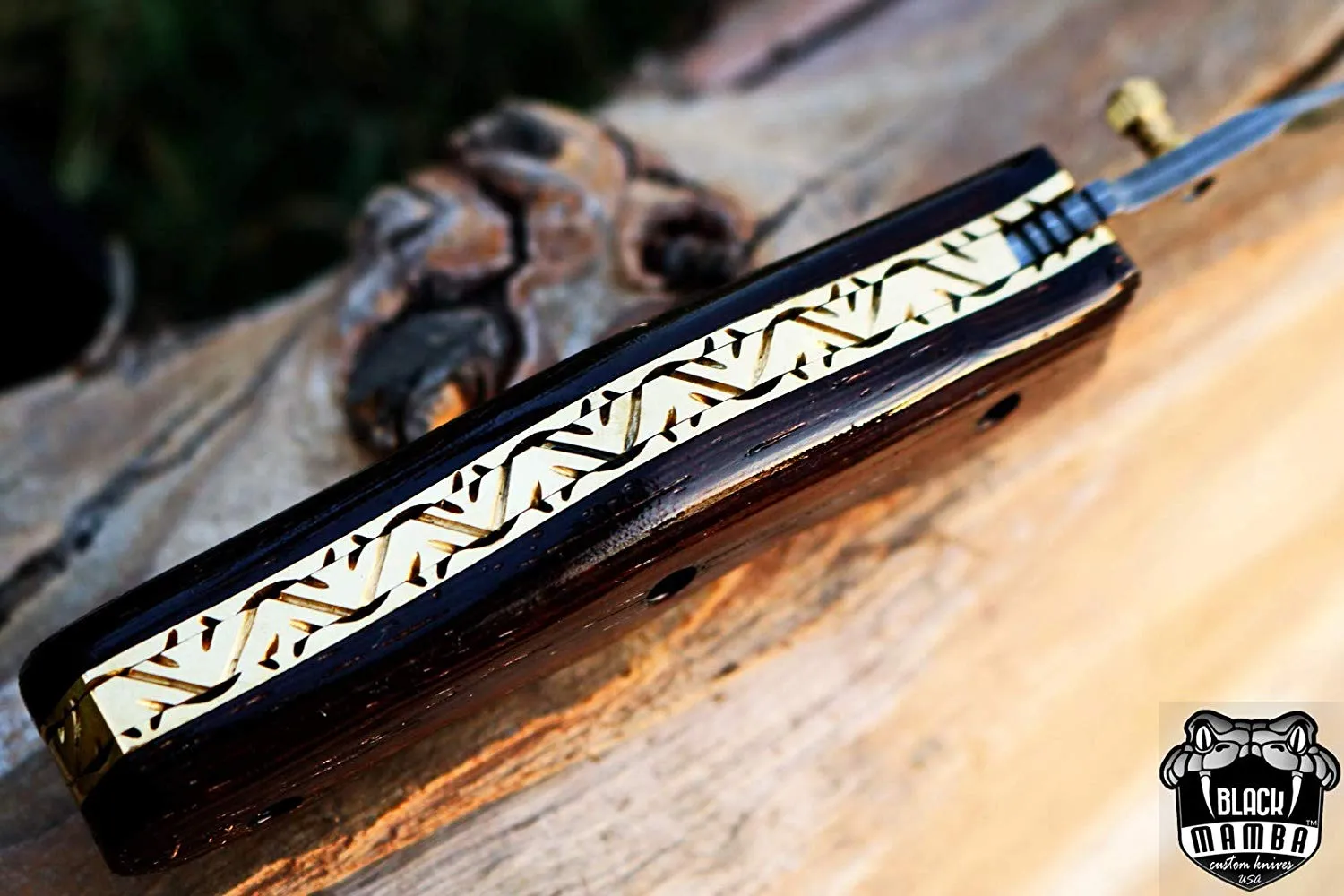 BLACK MAMBA KNIVES Eastern Racer Pocket Knife 7 in Long 3 in Blade 5 Ounce Damascus Pocket Knife Folding Knife with Wenge Wood Handle Hand Made World Class Knives USA Made | BMK-418 - view 7