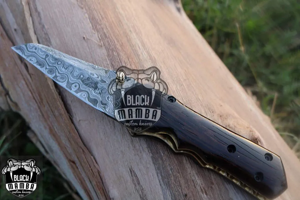 BLACK MAMBA KNIVES BMK-420 Indigo Snake Pocket Knife 7.5 in Long 3.5 in Blade 6 Ounce Damascus Pocket Knife Folding Knife with Wenge Wood Handle Hand Made Word Class Knives - Image 3