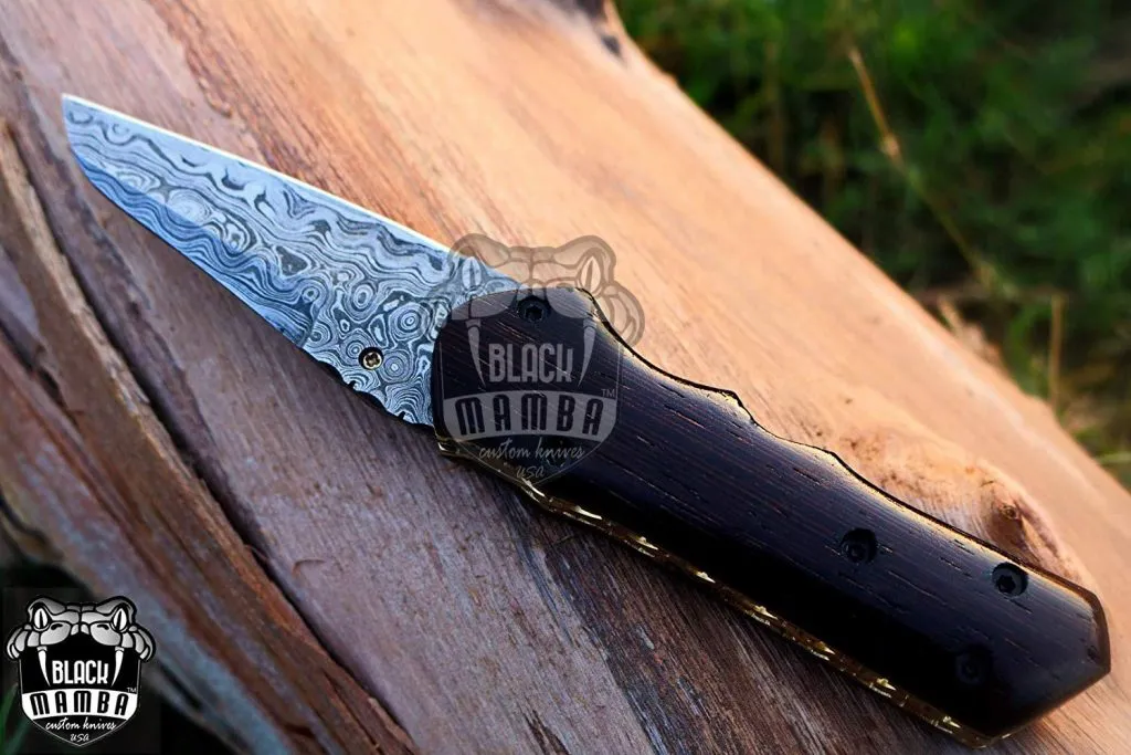 BLACK MAMBA KNIVES BMK-420 Indigo Snake Pocket Knife 7.5 in Long 3.5 in Blade 6 Ounce Damascus Pocket Knife Folding Knife with Wenge Wood Handle Hand Made Word Class Knives - Image 4