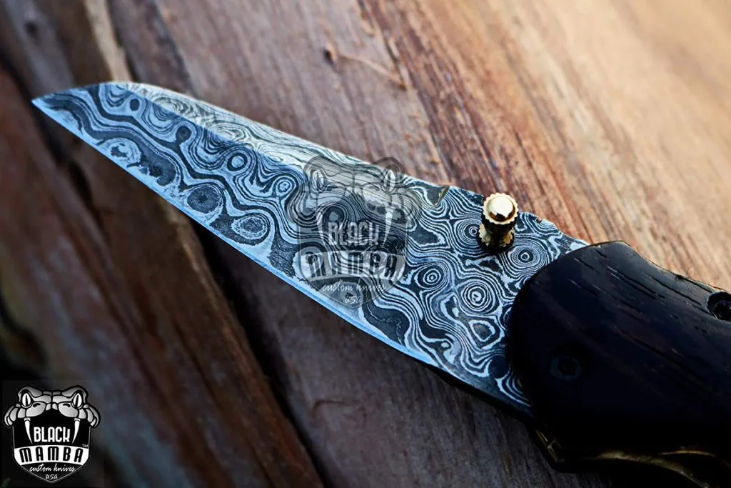 BLACK MAMBA KNIVES BMK-420 Indigo Snake Pocket Knife 7.5 in Long 3.5 in Blade 6 Ounce Damascus Pocket Knife Folding Knife with Wenge Wood Handle Hand Made Word Class Knives - Image 6
