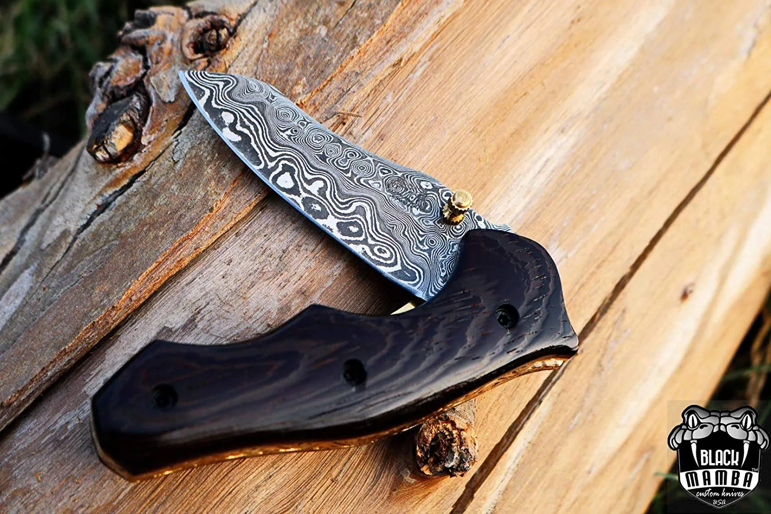BLACK MAMBA KNIVES Eastern Racer Pocket Knife 7 in Long 3 in Blade 5 Ounce Damascus Pocket Knife Folding Knife with Wenge Wood Handle Hand Made World Class Knives USA Made | BMK-418 - view 11