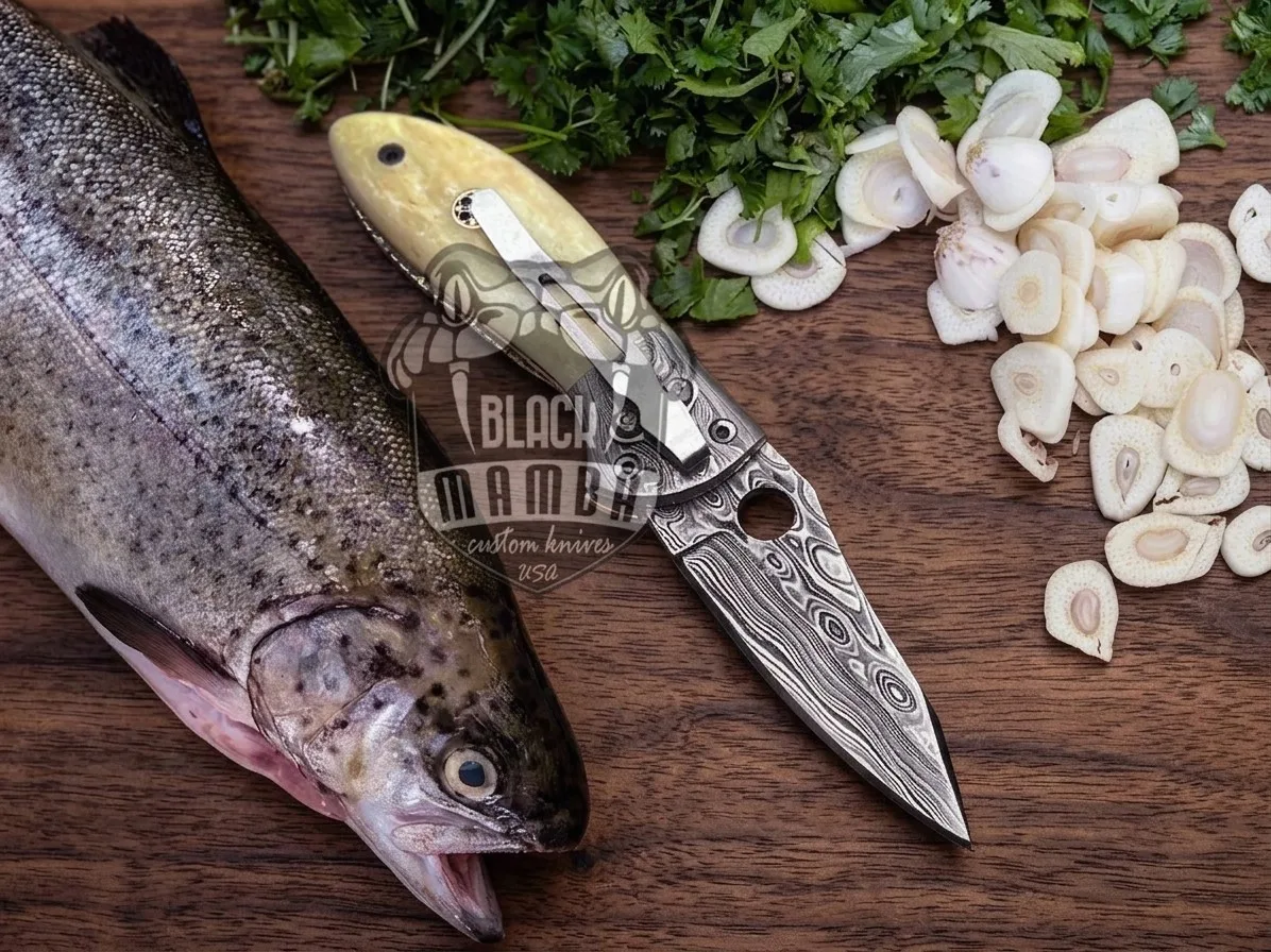Rufous Beaked Snake - Damascus Folding Pocket Knife, 8″ Overall - view 2