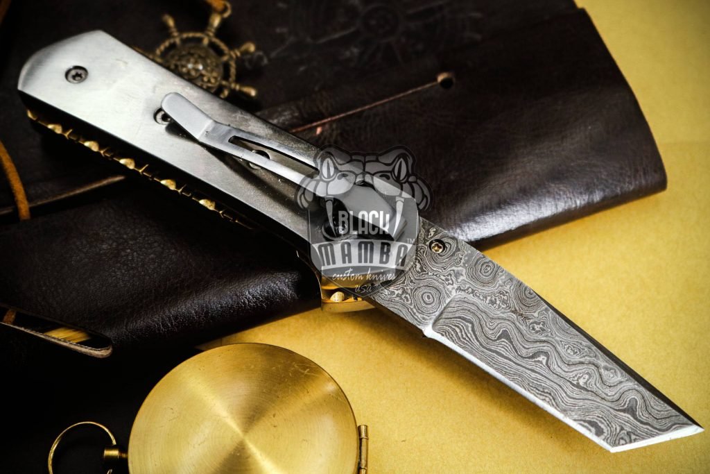 BMK-424 Bumble Bee Titanium Pocket Knife 7 in Long 3 in Blade 4.5 Ounce Damascus Pocket Knife Tanto Folding Knife with Titanium Handle Hand Made World Class Knives USA Made - Image 10