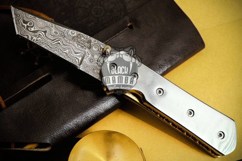 BMK-424 Bumble Bee Titanium Pocket Knife 7 in Long 3 in Blade 4.5 Ounce Damascus Pocket Knife Tanto Folding Knife with Titanium Handle Hand Made World Class Knives USA Made - Image 11