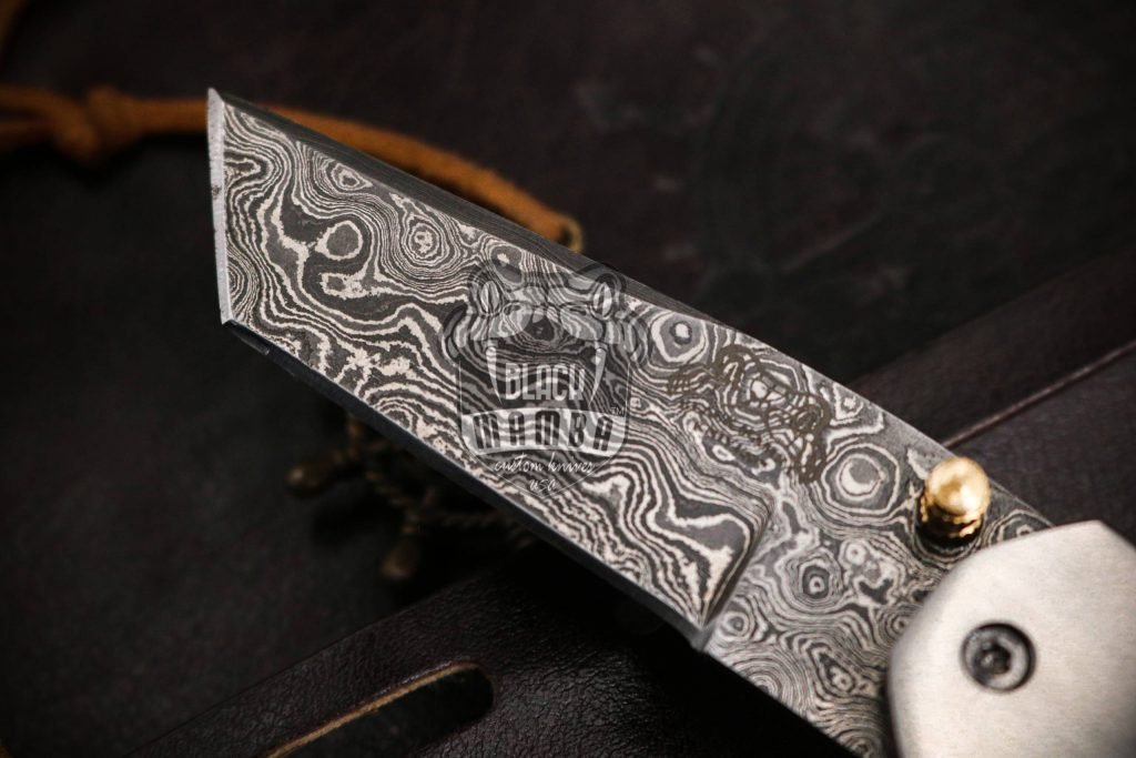 BMK-424 Bumble Bee Titanium Pocket Knife 7 in Long 3 in Blade 4.5 Ounce Damascus Pocket Knife Tanto Folding Knife with Titanium Handle Hand Made World Class Knives USA Made - Image 12