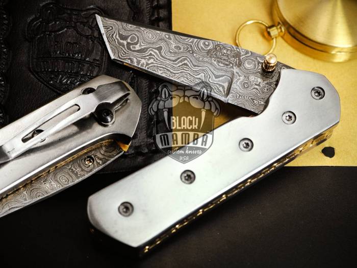 BMK-424 Bumble Bee Titanium Pocket Knife 7 in Long 3 in Blade 4.5 Ounce Damascus Pocket Knife Tanto Folding Knife with Titanium Handle Hand Made World Class Knives USA Made