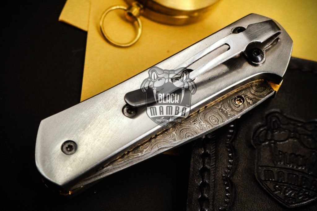 BMK-424 Bumble Bee Titanium Pocket Knife 7 in Long 3 in Blade 4.5 Ounce Damascus Pocket Knife Tanto Folding Knife with Titanium Handle Hand Made World Class Knives USA Made - Image 16