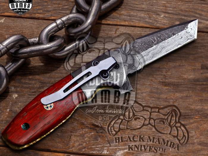 BMK-414 Indian red scorpion 7″ Long 3 ″Blade” 6oz Damascus TANTO Pocket Knives Handmade Damascus Pocket Folding Snake wood Knife Black Mamba Hand Made World Class Knives USA Made