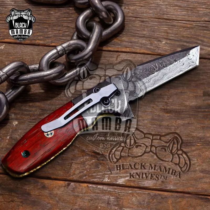 BMK-414 Indian red scorpion 7″ Long 3 ″Blade” 6oz Damascus TANTO Pocket Knives Handmade Damascus Pocket Folding Snake wood Knife Black Mamba Hand Made World Class Knives USA Made