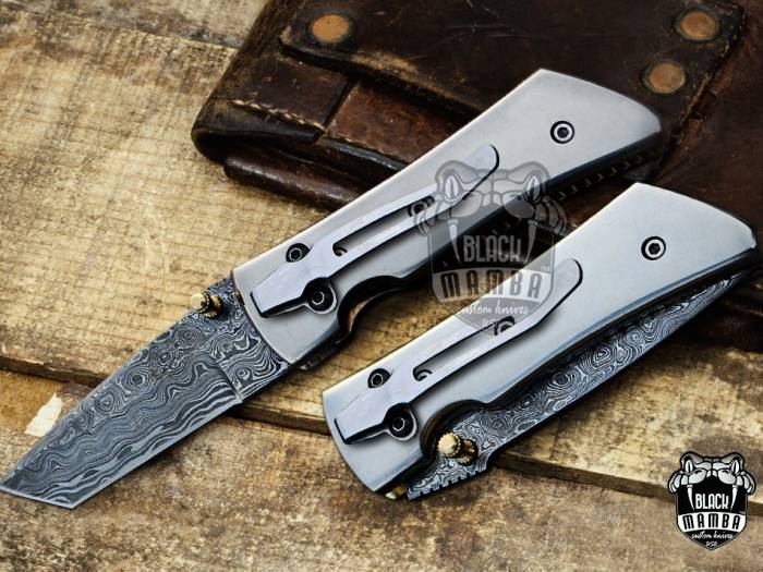 BLACK MAMBA KNIVES BMK-423 Altus Titanium Pocket Knife 7 in Long 3 in Blade 7.5 Ounce Damascus Pocket Knife Tanto Folding Knife with Titanium Handle Hand Made Word Class Knives