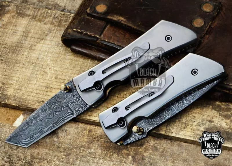 BLACK MAMBA KNIVES BMK-423 Altus Titanium Pocket Knife 7 in Long 3 in Blade 7.5 Ounce Damascus Pocket Knife Tanto Folding Knife with Titanium Handle Hand Made Word Class Knives