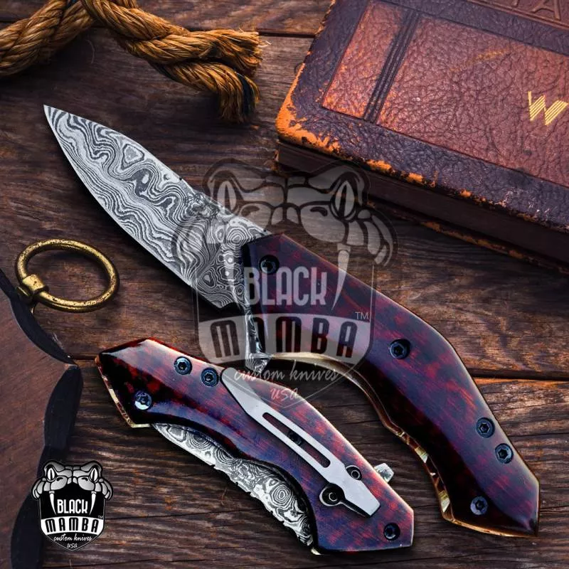 BMK-419 Black Swamp Pocket Knife 6.2 in Long 2.2 in Blade 3.8 Ounce Damascus Steel Pocket Knife Folding Knife with Snake Wood Handle Hand Made World Class Knives USA Made