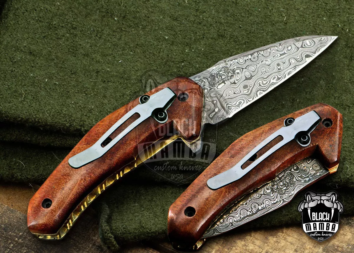 Brown Raccoon - Damascus Folding Pocket Knife, 6.5″ Overall, Wood Handle