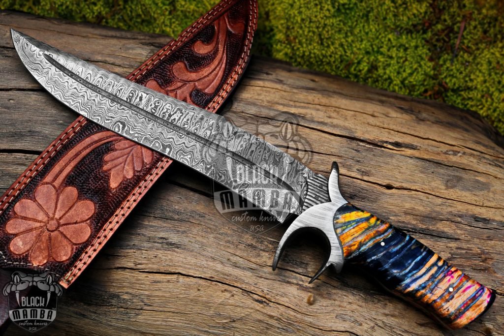 BMK-1005-LQ-MH RED DRAGON SLAYER Knife 17.5″ Long 11″Blade ” 22.9 oz Damascus Fixed Blade Hunting  Bowie Knife WITH Mammoth handle Black mamba Hand Made World Class knives USA made