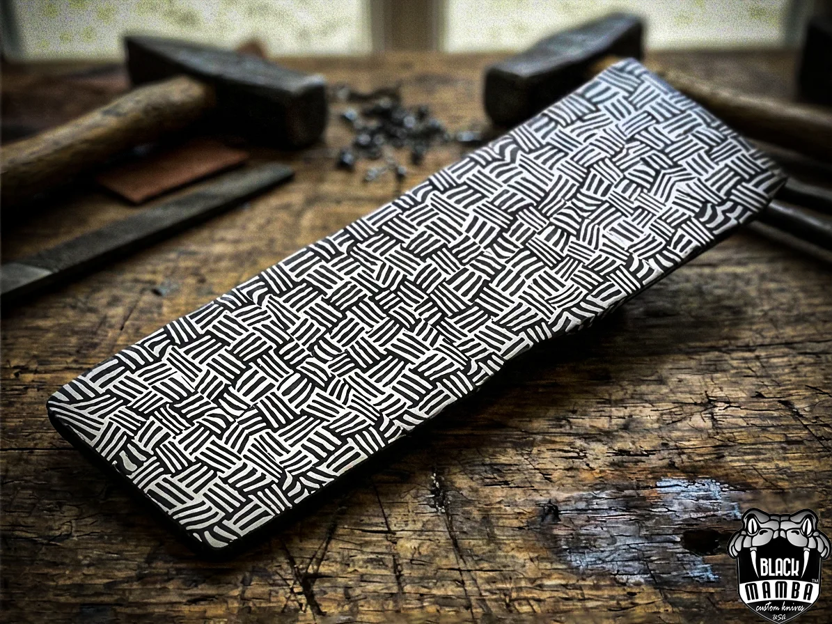 Damascus Mosaic Pattern Billet Bar 5 Mm Thick 12 Inches Long 1.5 Inches Wide Black Mamba Billets