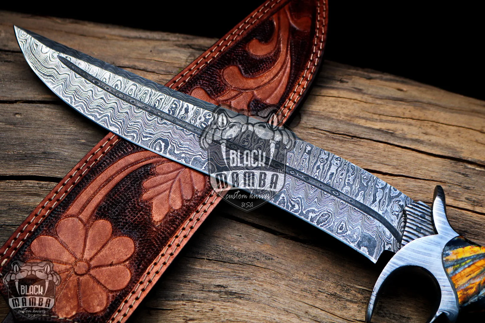 Red Dragon – Damascus Bowie Knife, 17.5″ Overall, Mammoth Handle - view 3