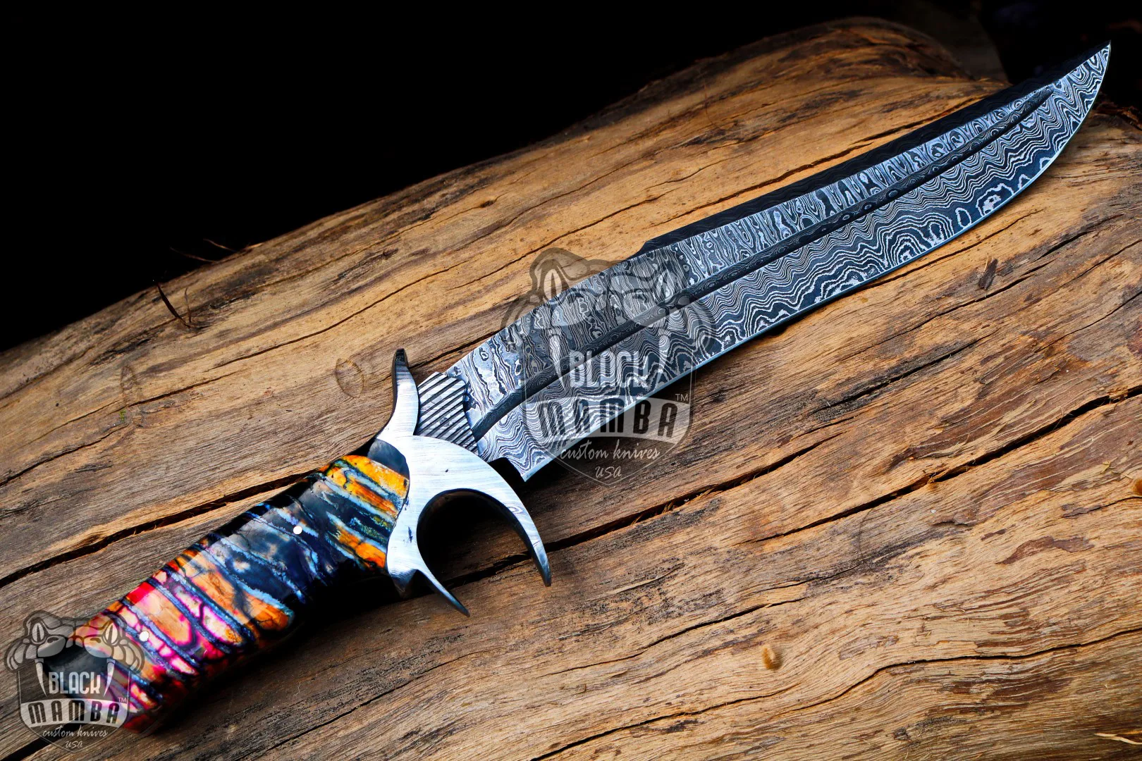 Red Dragon – Damascus Bowie Knife, 17.5″ Overall, Mammoth Handle - view 6