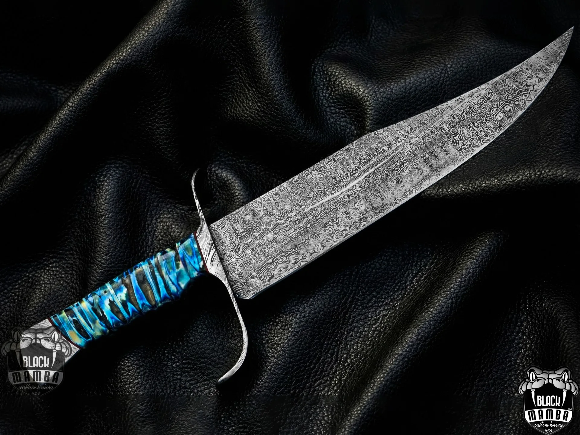 MH Azure Dragon Damascus Bowie Knife | 16” USA Made Fixed Blade Hunting Knife | 15000 Year Old Mammoth Handle Custom Collector Gift | BMK-1006-LQ - view 3