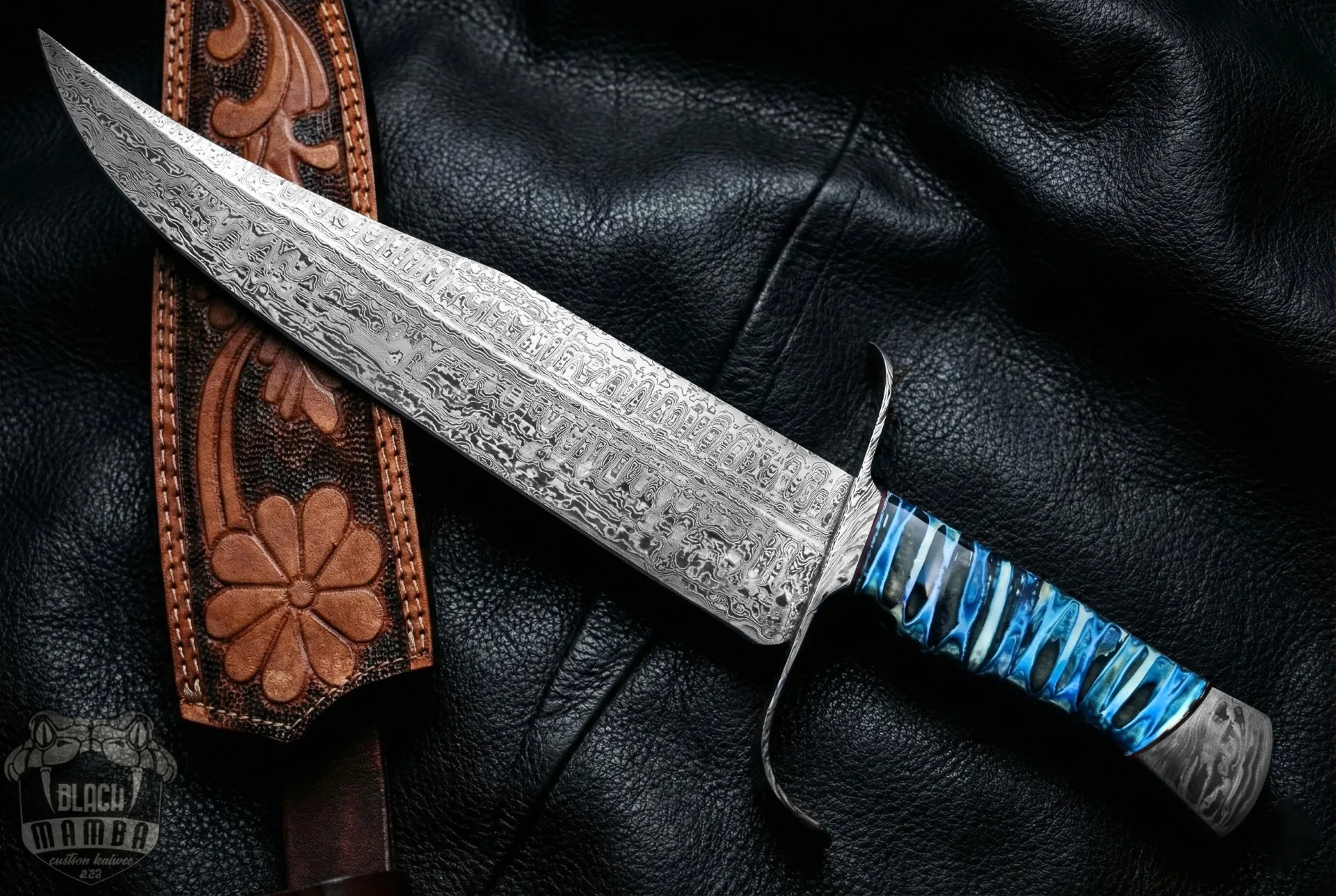 MH Azure Dragon Damascus Bowie Knife | 16” USA Made Fixed Blade Hunting Knife | 15000 Year Old Mammoth Handle Custom Collector Gift | BMK-1006-LQ