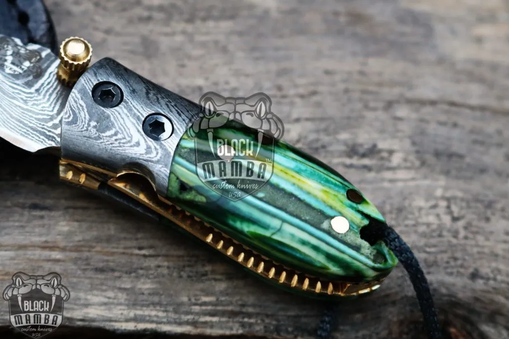 BMK-415-GR Green Tsetse Fly 3.5″ Long 1.5″Blade” 2oz Damascus Neck Knives Handmade Damascus Pocket Folding Knife With Mammoth Tooth Handle Black Mamba Hand Made World Class Knives USA Made - Image 5